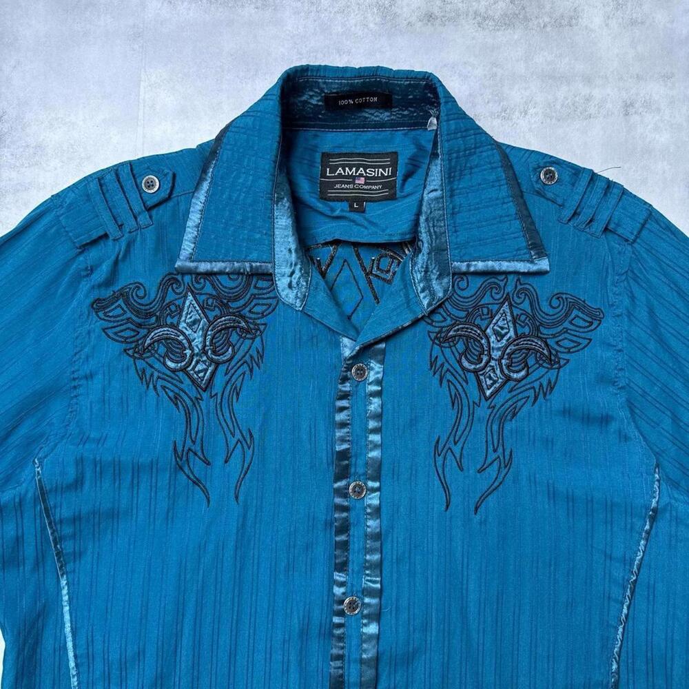 Y2K Affliction Blue Lamasimi Jeans Company Button up shirt - Picture 5 of 8